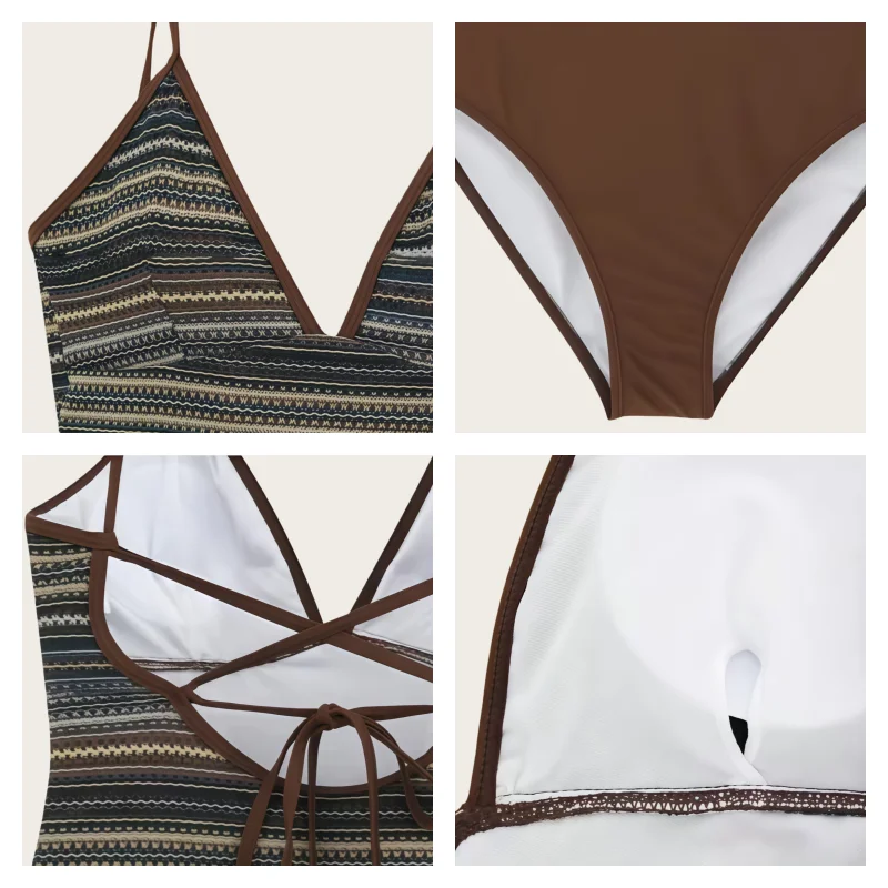 Korean Style Women's Fashionable V-Neck Backless Cross-Tie Design Striped Slim-Fit One-Piece Swimsuit thumbnail 3