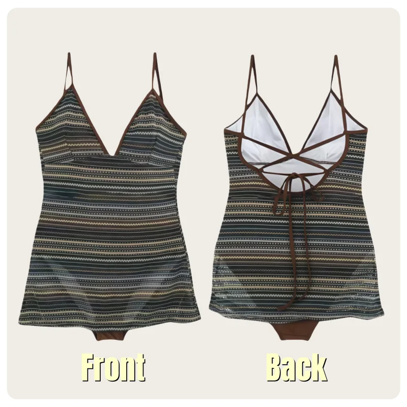 Korean Style Women's Fashionable V-Neck Backless Cross-Tie Design Striped Slim-Fit One-Piece Swimsuit thumbnail 2