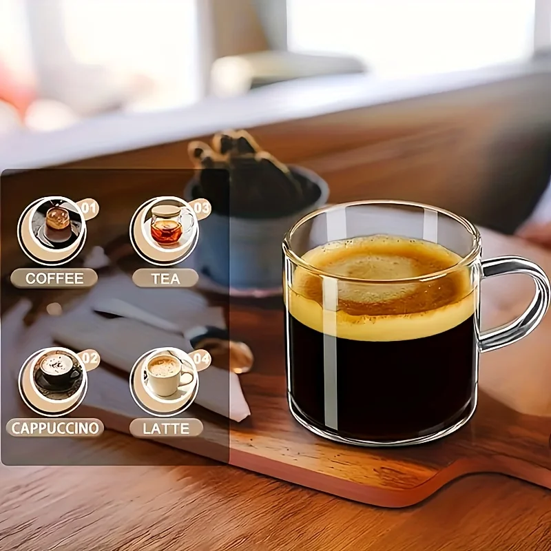 6-Piece Set, 100Ml-Mini Glass Water Cups, Glass Coffee Cups, Transparent Glass Cups with Handles, Kitchen Table Wine Glasses, Glassware Set, Suitable for Home Dining Tables, Coffee, Milk, Tea Cups, Flat-Bottomed Wine Glasses The Ideal Gift for Coffee Lovers, Safe to Use in Microwave Ovens and Dishwashers. thumbnail 3