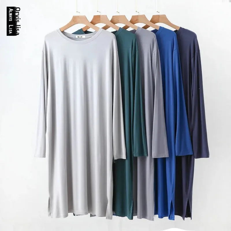 Loose Long Sleeve round Neck Modal Home Clothes Robe Men's Spring Summer plus Size Sleepwear Comfortable Underwear Nightgown