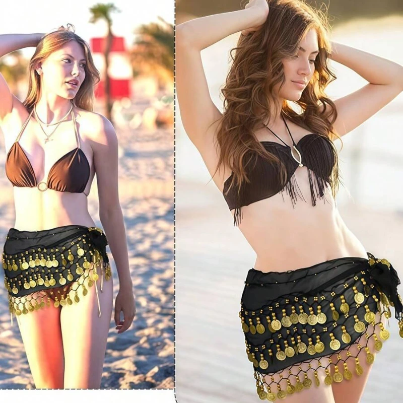 1pc Belly Dance Hip Scarf Chiffon Skirt Wrap Professional Scarf Skirt Costume with Coins for Yoga Belly Dancing,Autumn,new years thumbnail 6