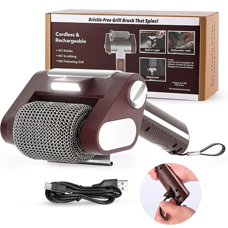 Bristle-Free Spinning Grill Brush Electric Rechargeable BBQ Grill Brush with 350 RPM Stainless Roller Grill Cleaning Brush