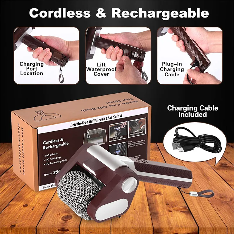 Bristle-Free Spinning Grill Brush Electric Rechargeable BBQ Grill Brush with 350 RPM Stainless Roller Grill Cleaning Brush thumbnail 3