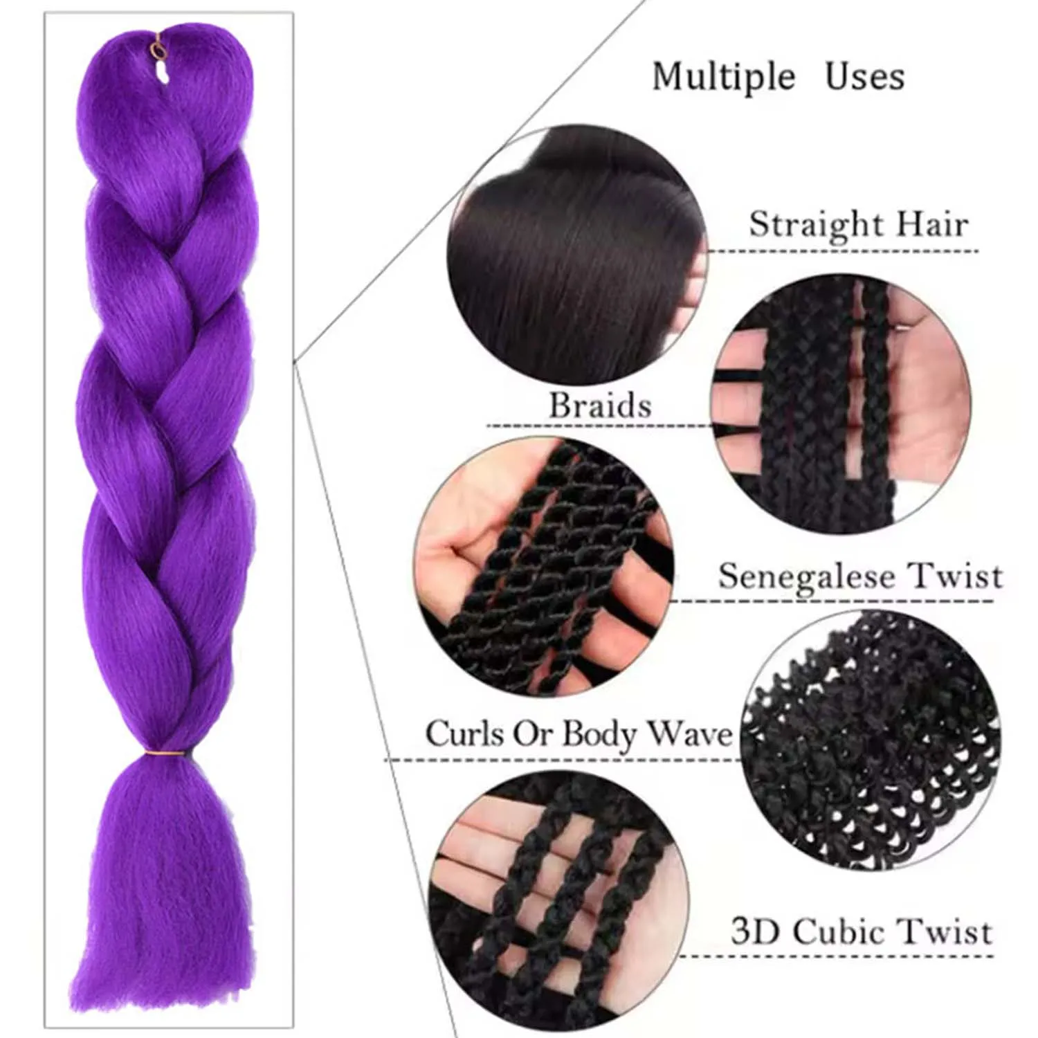 Synthetic 24Inch Purple Braiding Hair Extensions for Crochet Braids DIY Jumbo Ponytail Braid,Ru Mi Hairstyle,Multi-colored Hair thumbnail 6