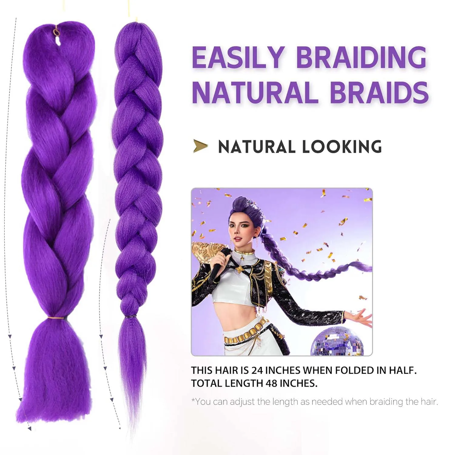 Synthetic 24Inch Purple Braiding Hair Extensions for Crochet Braids DIY Jumbo Ponytail Braid,Ru Mi Hairstyle,Multi-colored Hair thumbnail 5