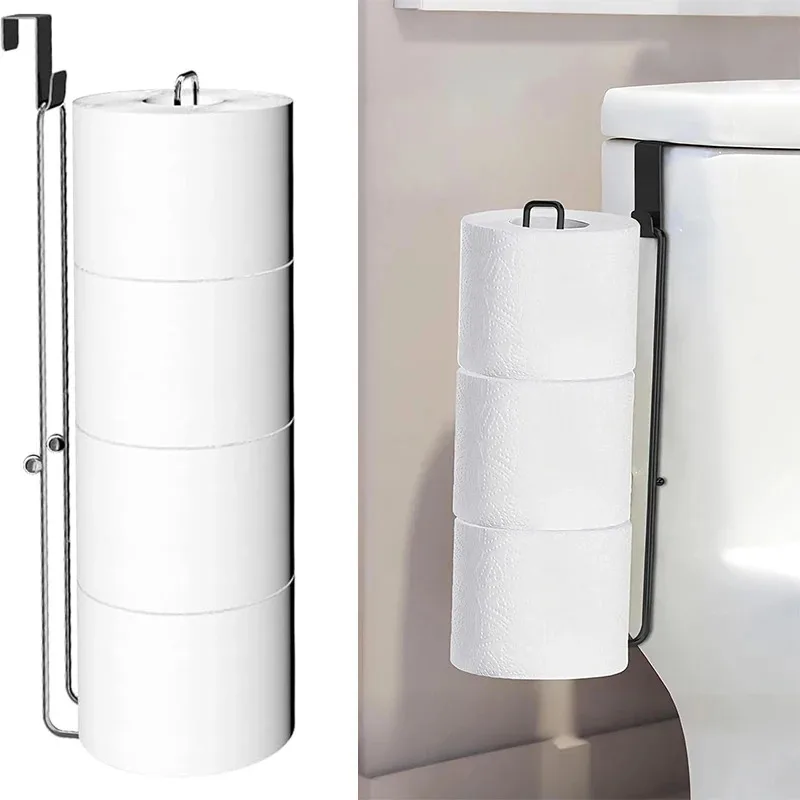 Self-Adhesive Toilet Paper Holder, Black Iron Bathroom Tissue Rack with Towel Bar, No-Drill Wall Mount, Bathroom Storage
