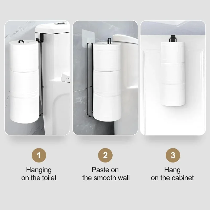 Self-Adhesive Toilet Paper Holder, Black Iron Bathroom Tissue Rack with Towel Bar, No-Drill Wall Mount, Bathroom Storage thumbnail 4