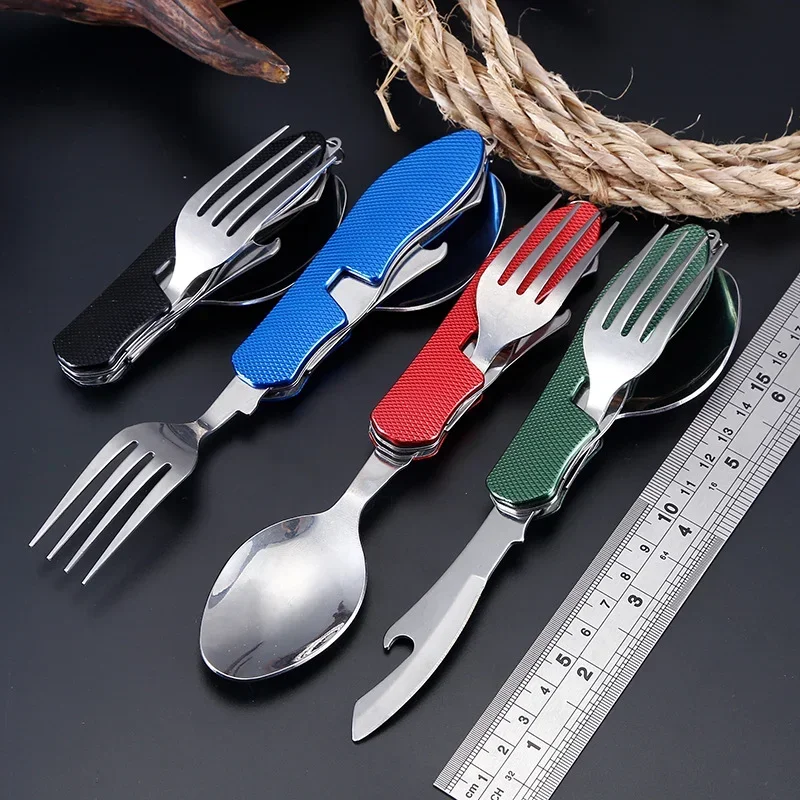 4-in-1 Folding Knife and Fork Outdoor Camping Picnic Tableware Spoon, Knife and Fork Stainless Steel Folding Tableware thumbnail 4