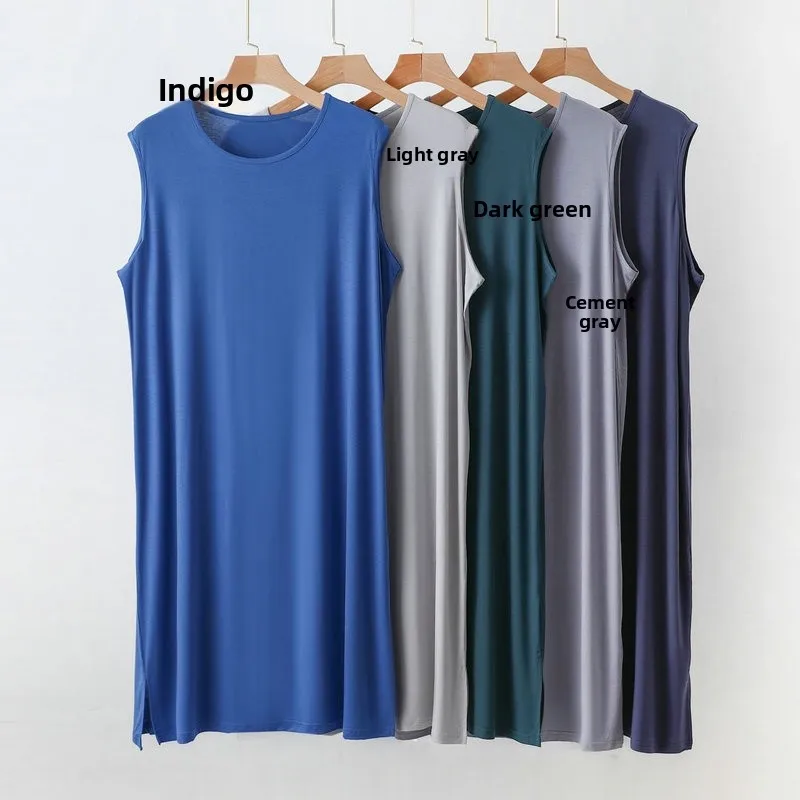 Cool Sensation Modal One-Piece Sleepwear Sleeveless Thin Long Robe Home Clothes Bathrobe for Men Summer Lightweight Nightgown thumbnail 2