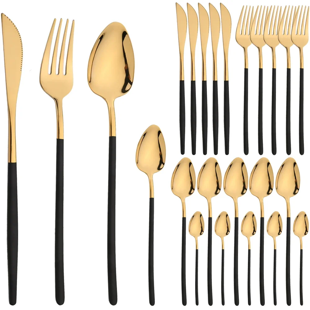 24Pcs Gold Christmas Cutlery Set Stainless Steel Dinnerware Knife Tea Fork Coffee Spoon Flatware Dishwasher Safe Dinner Kitchen