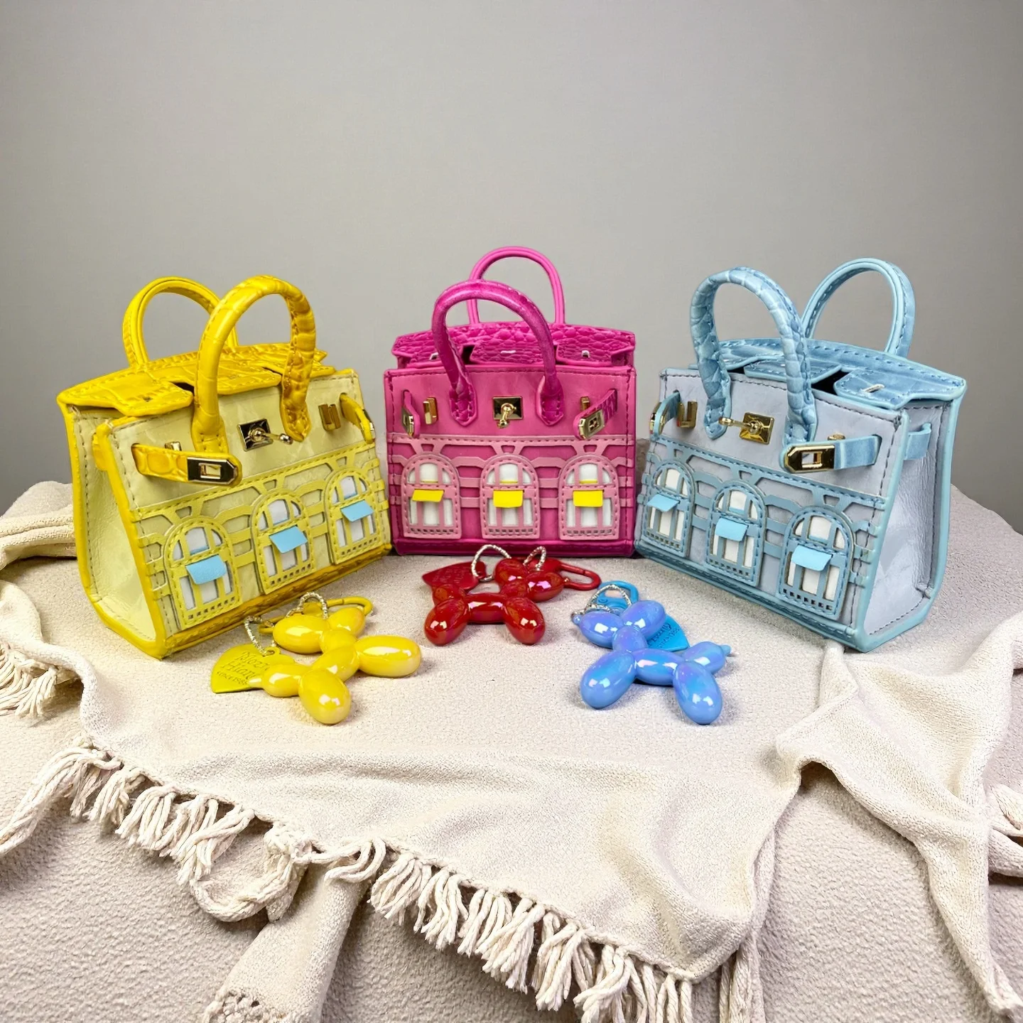 Handcrafted Mini House-Shaped Handbag with Puppy Keychain Suede Touch Bag Charm Purse Accessory for Earphones Coins Lipsticks thumbnail 2