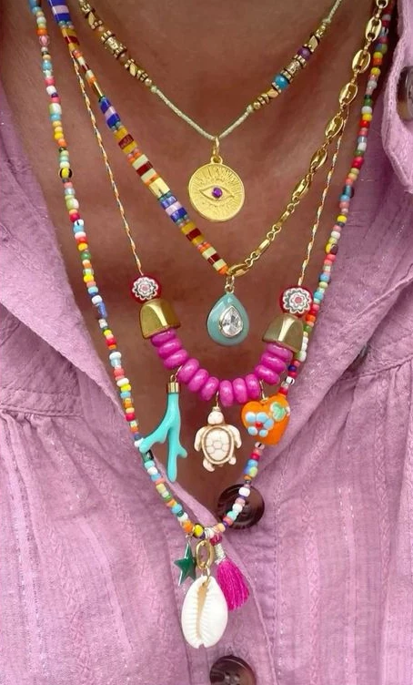 4pcs Bohemian Ethnic Style Devil's Eye Ceramic Love Turtle Charm Accessories Multi layer Stacked Necklace Party Holiday Jewelry