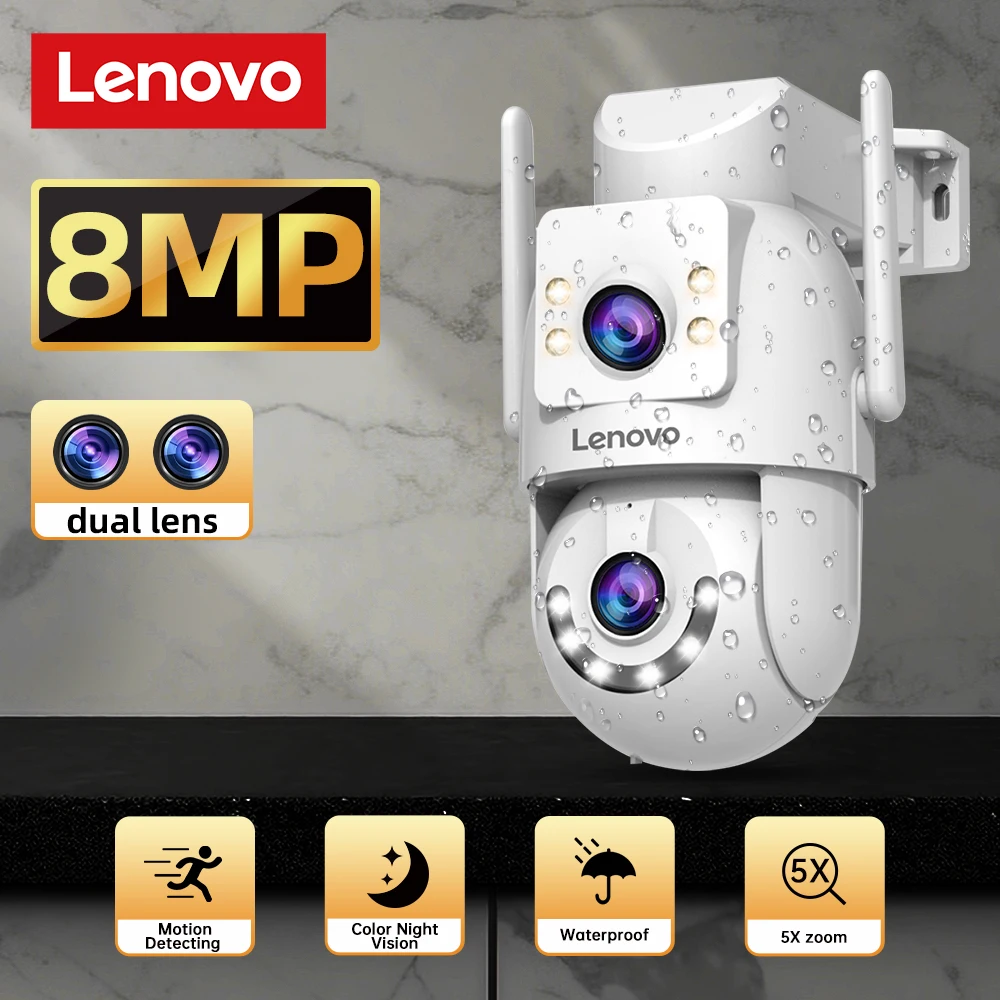 Lenovo 8MP HD Outdoor Security Camera with Dual Lens Dual Screen AI Tracking PTZ Color Night Vision Surveillance Protection