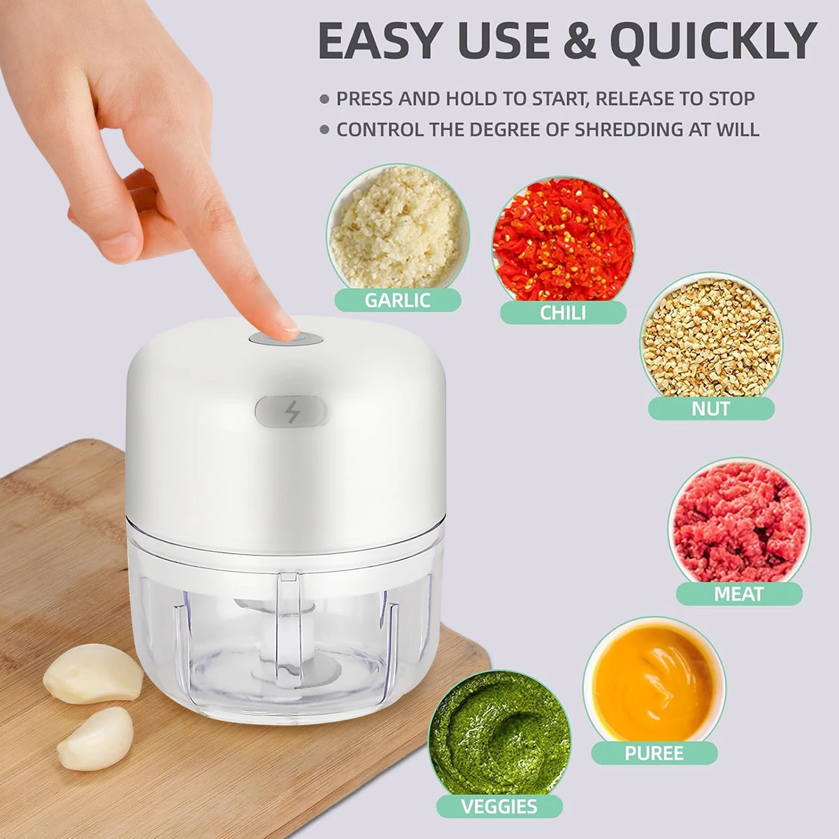 Wireless Electric Garlic Chopper, with Stainless Steel Blade,100ml/250ml  Mini Food Processor for Meat, Onions Garlic Chopper thumbnail 4