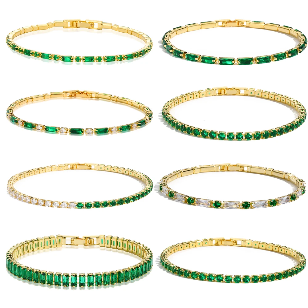 Luxury Emerald Cubic Zirconia CZ Tennis Bracelets for Women 18K Gold Plated Charm Green Female Bangles Wedding Jewelry Gift