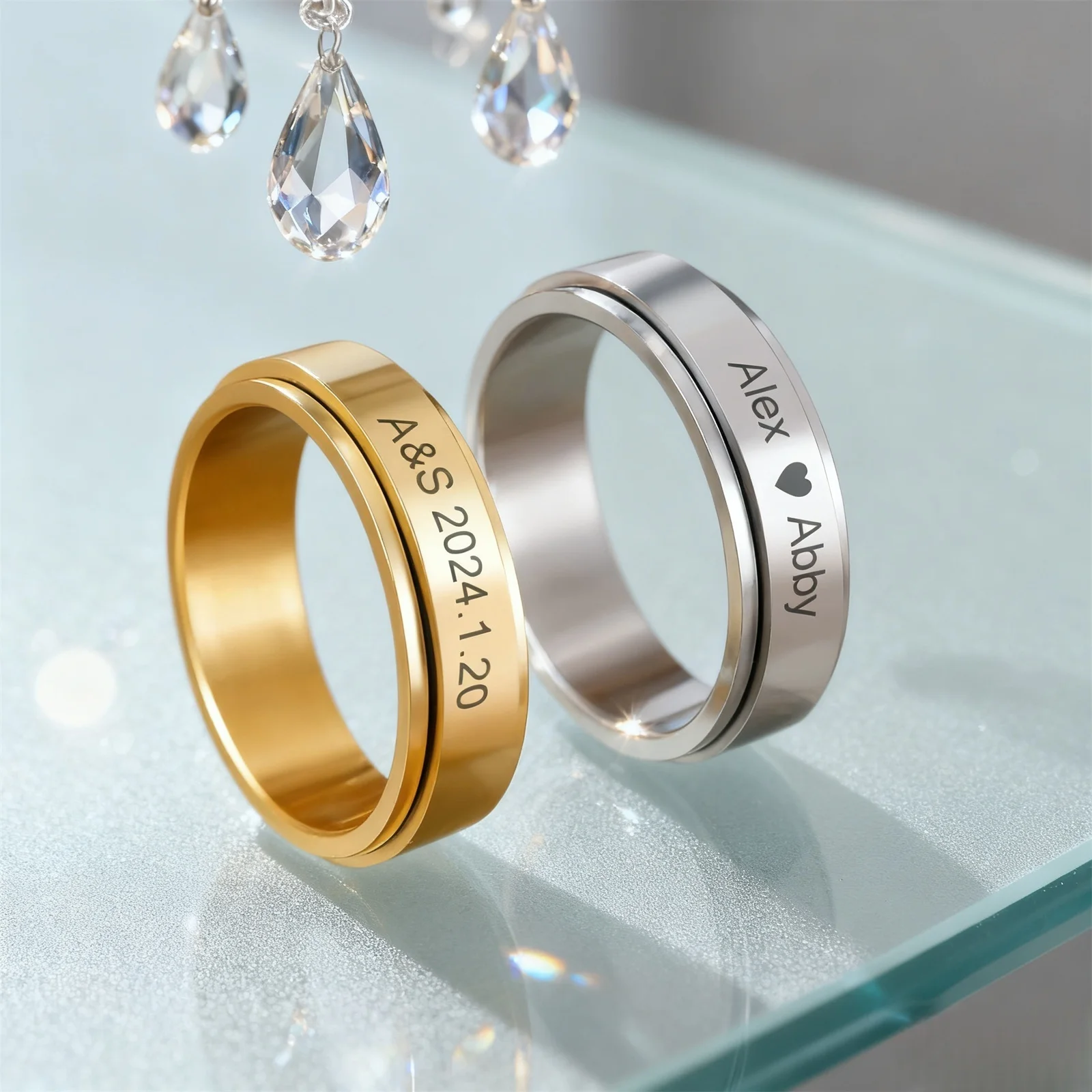 Customized Sculptible Name Date Couple Ring Stainless Steel Double layer Rotating Ring Fashion Jewelry Party Gift thumbnail 2