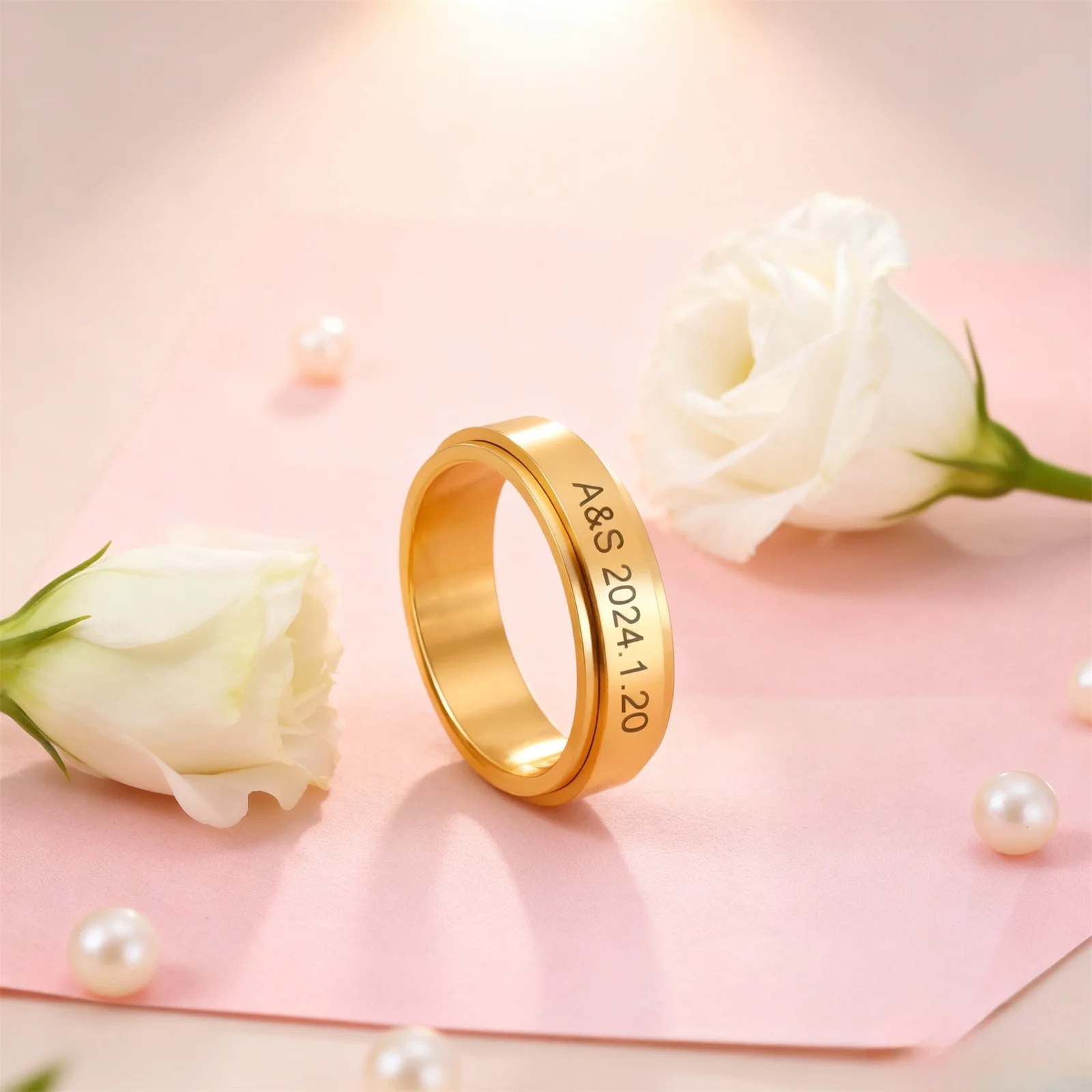Customized Sculptible Name Date Couple Ring Stainless Steel Double layer Rotating Ring Fashion Jewelry Party Gift thumbnail 5