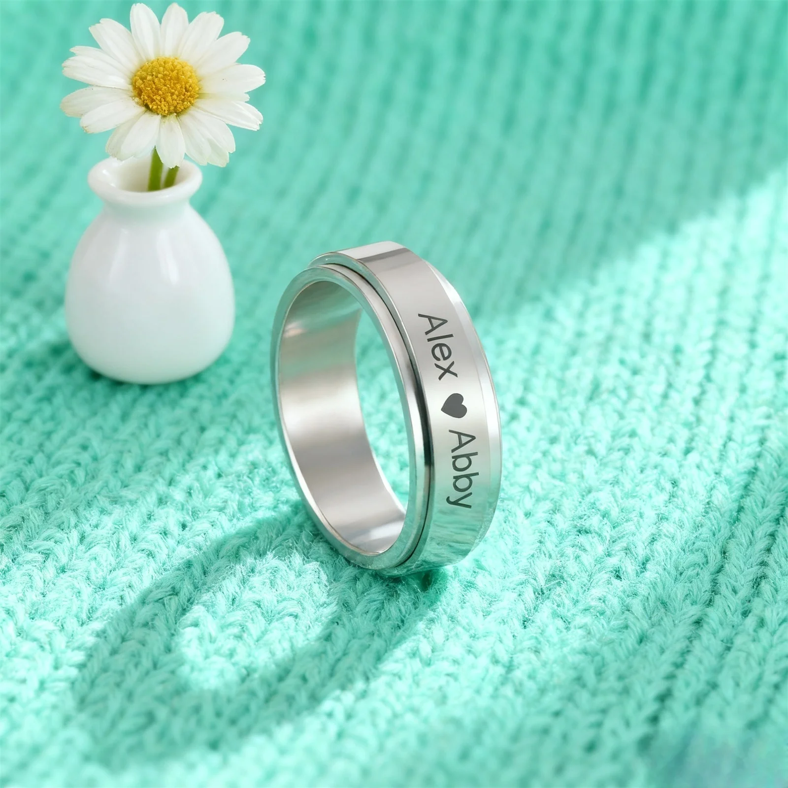 Customized Sculptible Name Date Couple Ring Stainless Steel Double layer Rotating Ring Fashion Jewelry Party Gift thumbnail 4