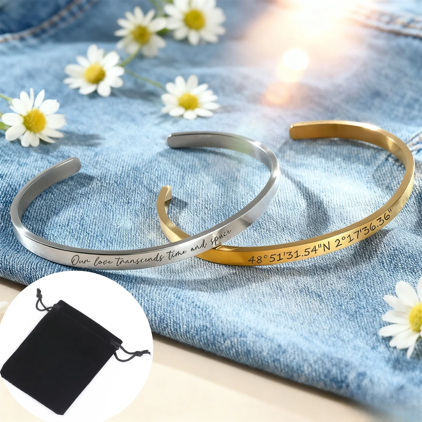 Customized Bracelet Personalized Carving Name Number Date Ladies Open Bracelet Stainless Steel Fashion Couple Jewelry thumbnail 2