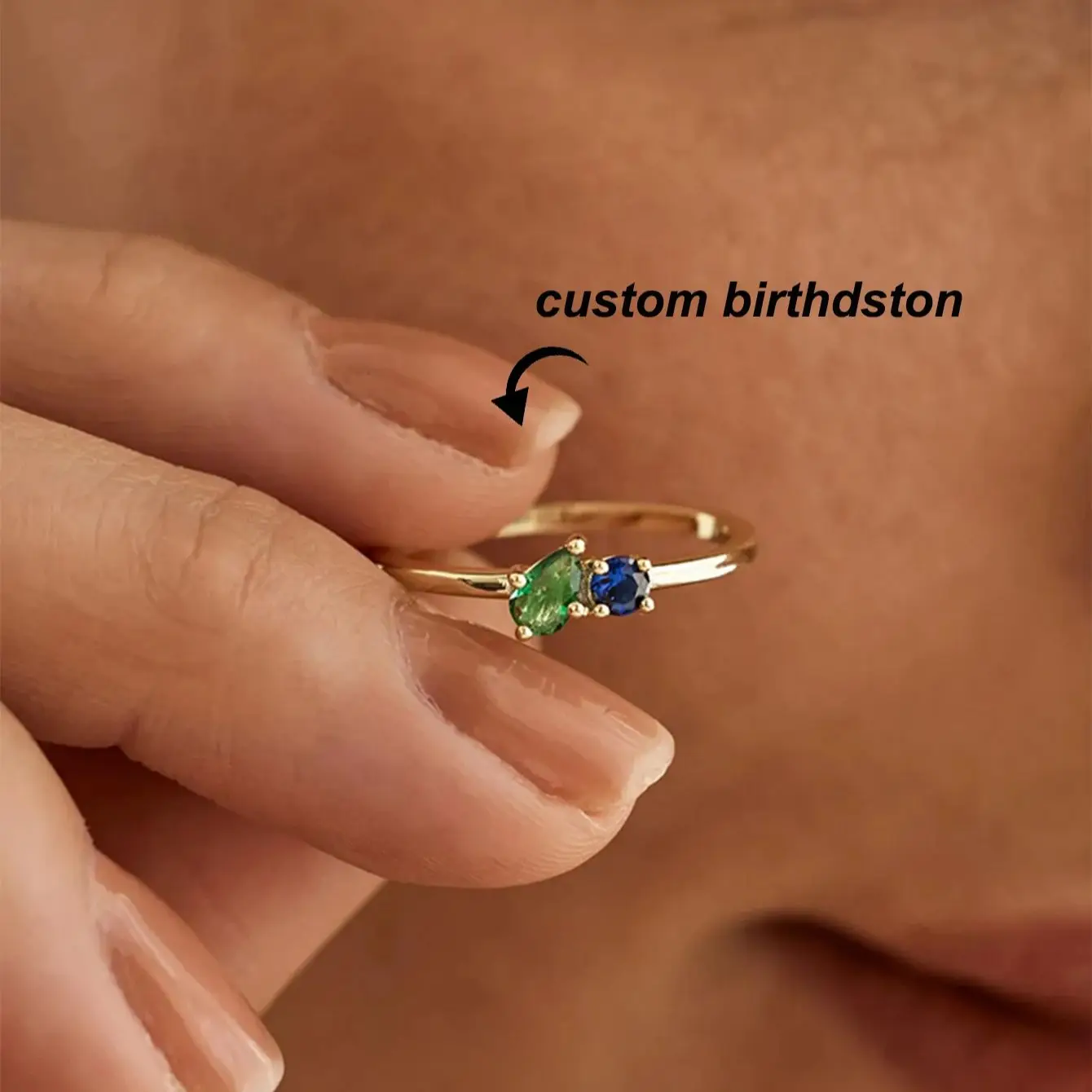 Custom Two Birthstone Rings Gold Color New Dainty Gemstones Minimalist Stainless Steel Jewelry Gift For Wife Proposal Wedding