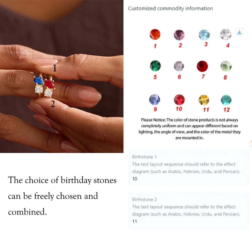Custom Two Birthstone Rings Gold Color New Dainty Gemstones Minimalist Stainless Steel Jewelry Gift For Wife Proposal Wedding thumbnail 5