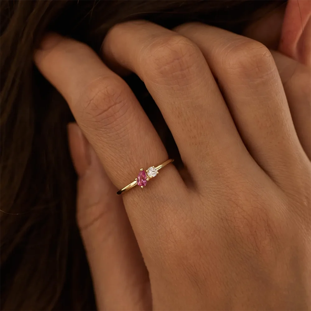 Custom Two Birthstone Rings Gold Color New Dainty Gemstones Minimalist Stainless Steel Jewelry Gift For Wife Proposal Wedding thumbnail 2