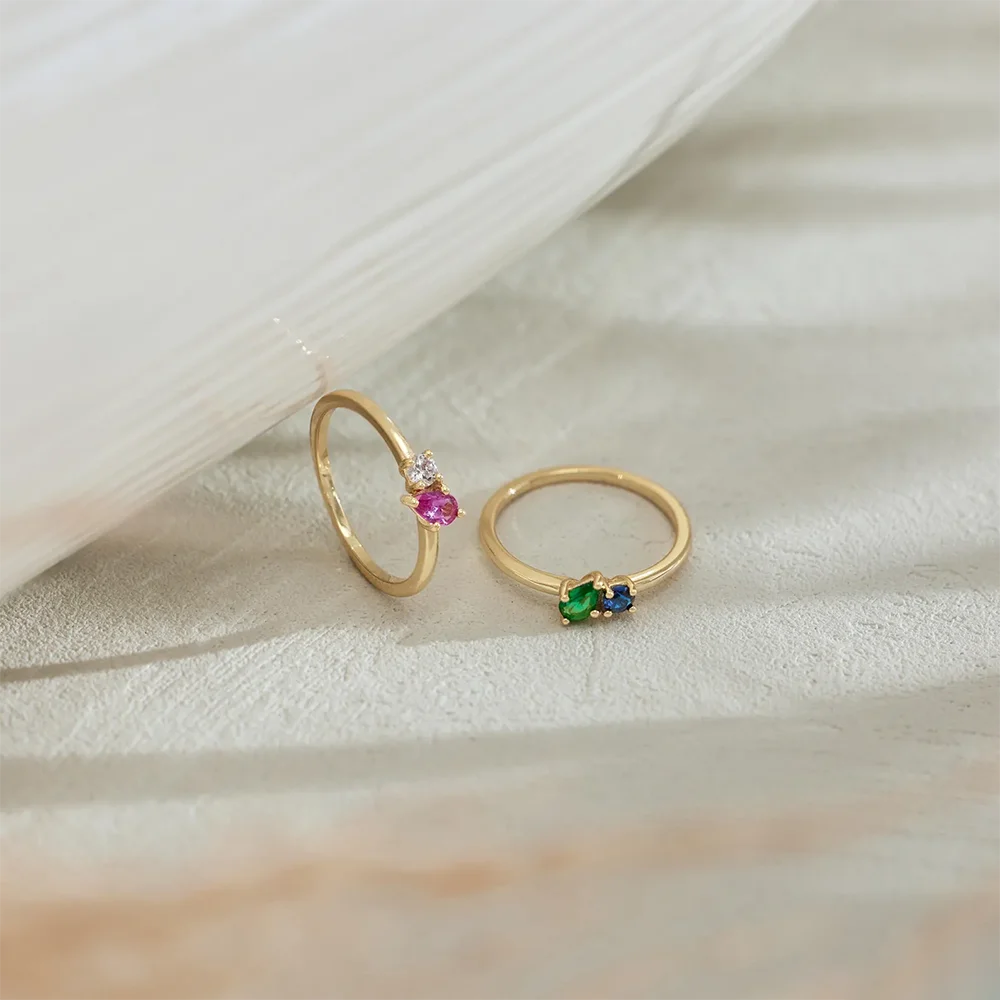 Custom Two Birthstone Rings Gold Color New Dainty Gemstones Minimalist Stainless Steel Jewelry Gift For Wife Proposal Wedding thumbnail 3