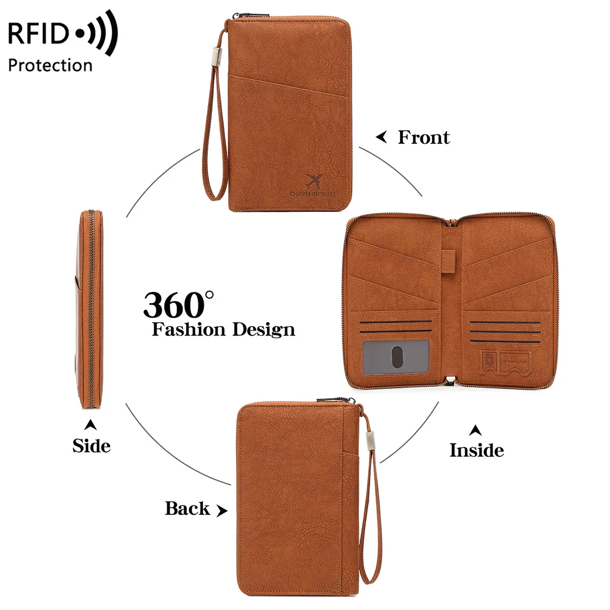 RFID Blocking Passport Bag with Long Zipper Travel Document Holder Multi-Functional Ticket Storage Wallet for Multiple Passports thumbnail 5
