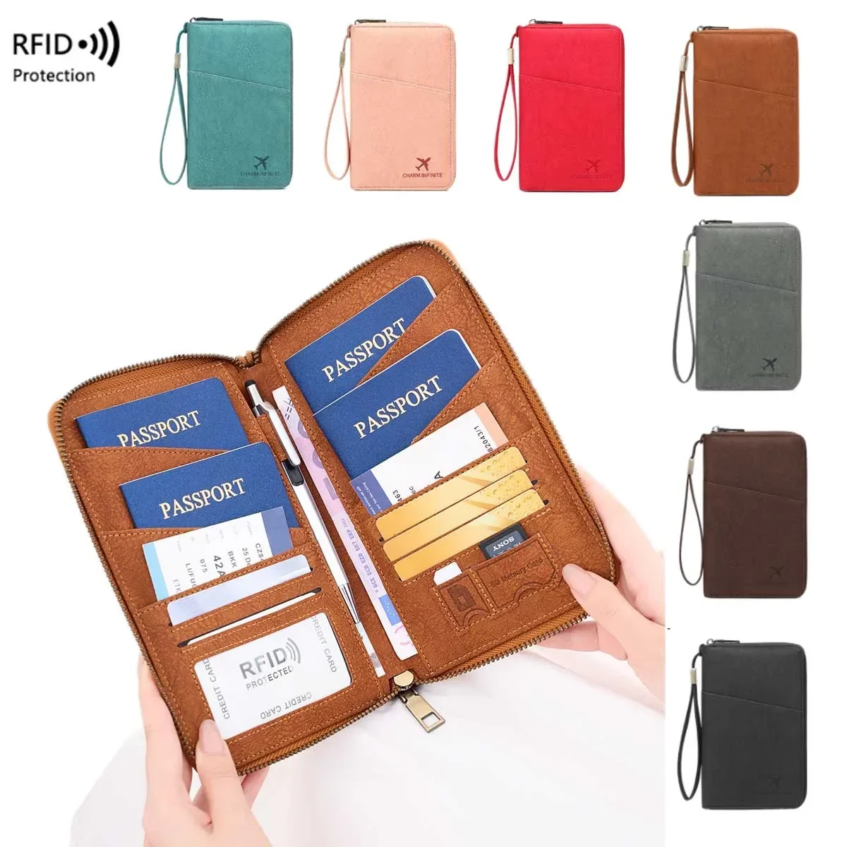 RFID Blocking Passport Bag with Long Zipper Travel Document Holder Multi-Functional Ticket Storage Wallet for Multiple Passports thumbnail 3
