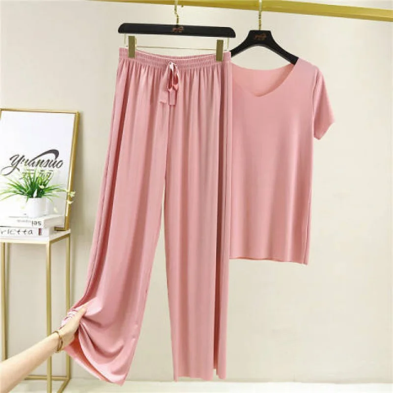 Fashionable Ice Silk Sporty Wide Leg Pants Short Sleeve Two Piece Set for Women Summer Casual Leisure Stylish Trendy