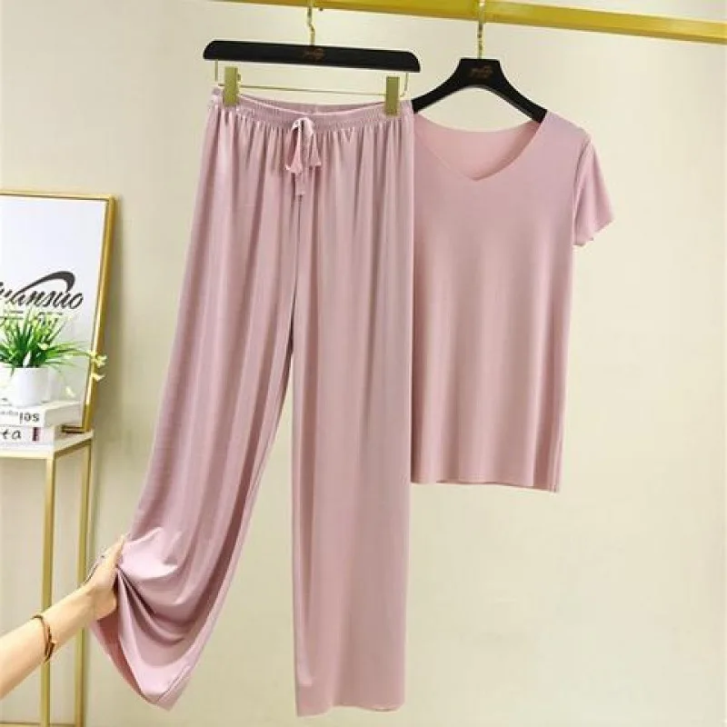 Fashionable Ice Silk Sporty Wide Leg Pants Short Sleeve Two Piece Set for Women Summer Casual Leisure Stylish Trendy thumbnail 2