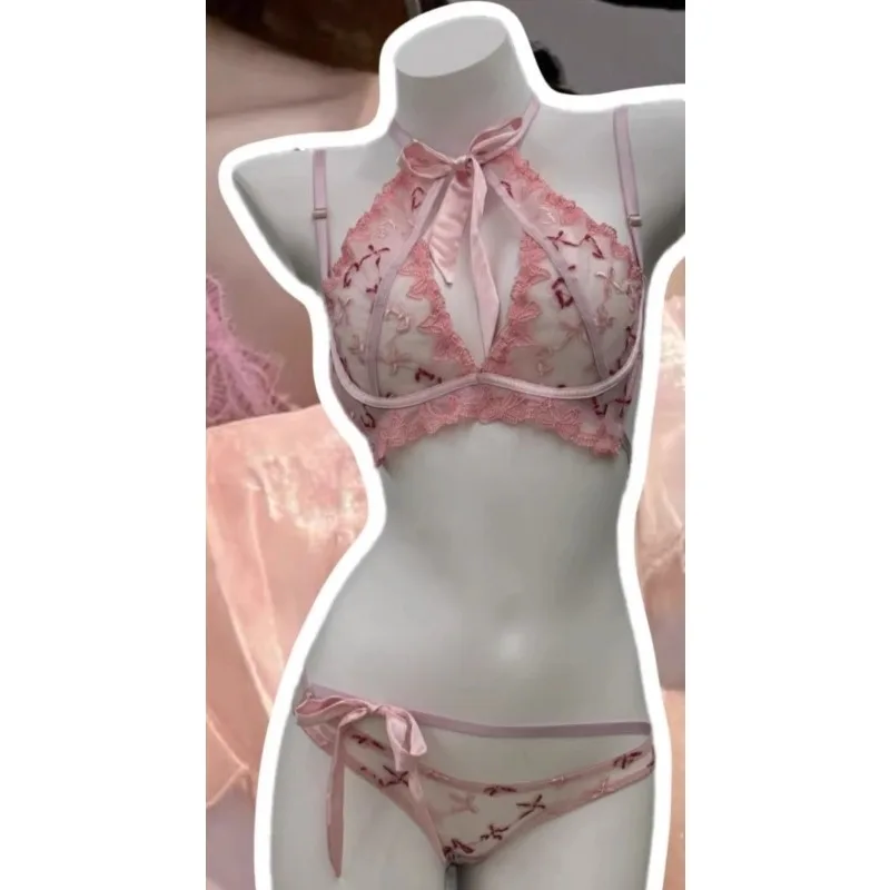 Women's Embroidered Ribbon Bow Bralette & Panty Set, Butterfly Mambo Pure Desire Wireless Comfort Bra for Daily Wear MOYISU Sexy