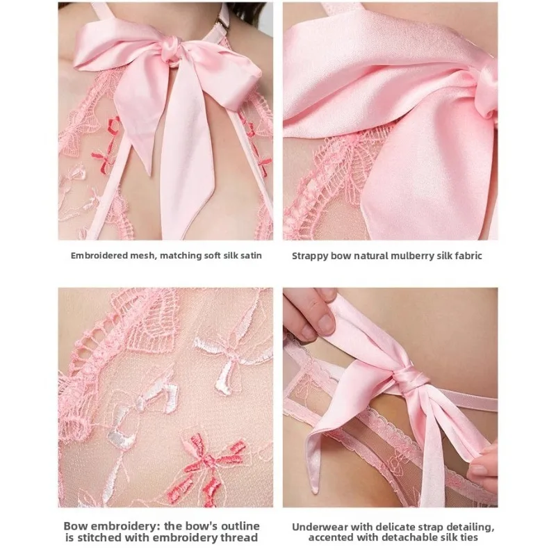 Women's Embroidered Ribbon Bow Bralette & Panty Set, Butterfly Mambo Pure Desire Wireless Comfort Bra for Daily Wear MOYISU Sexy thumbnail 6