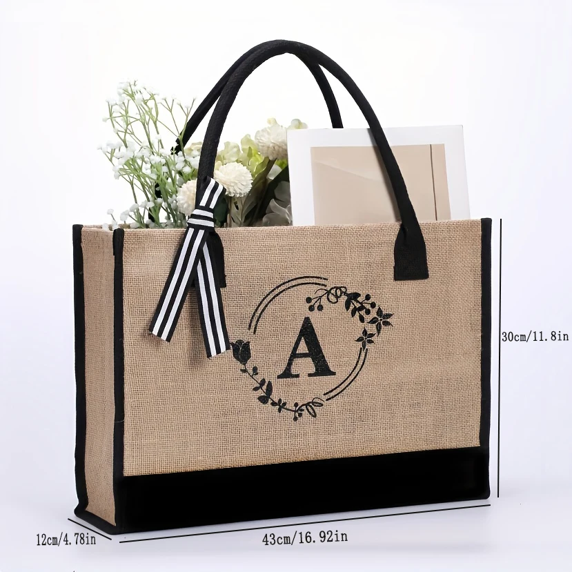 Men's large-capacity tote bag, letter-style jute shopping bag, travel storage bag thumbnail 3