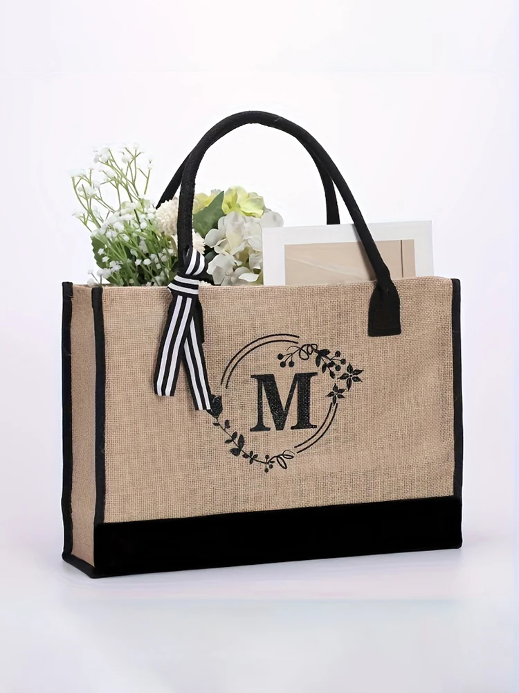 Men's large-capacity tote bag, letter-style jute shopping bag, travel storage bag thumbnail 5