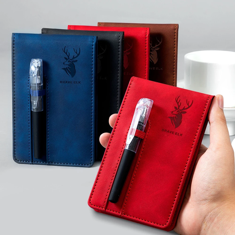 A7 Leather Cover Horizontal Line Planner Pocket-Sized Sticky Notebook with Pen for Business Diary Memo Office School Stationery