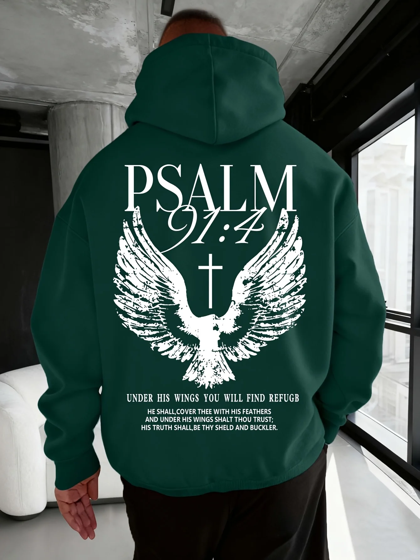 Christian Bible Verse Psalm 91:4 Print Men Women Hooded Sweatshirt Autumn Winter Outdoor Vacation Casual Loose Warm Sportswear thumbnail 4