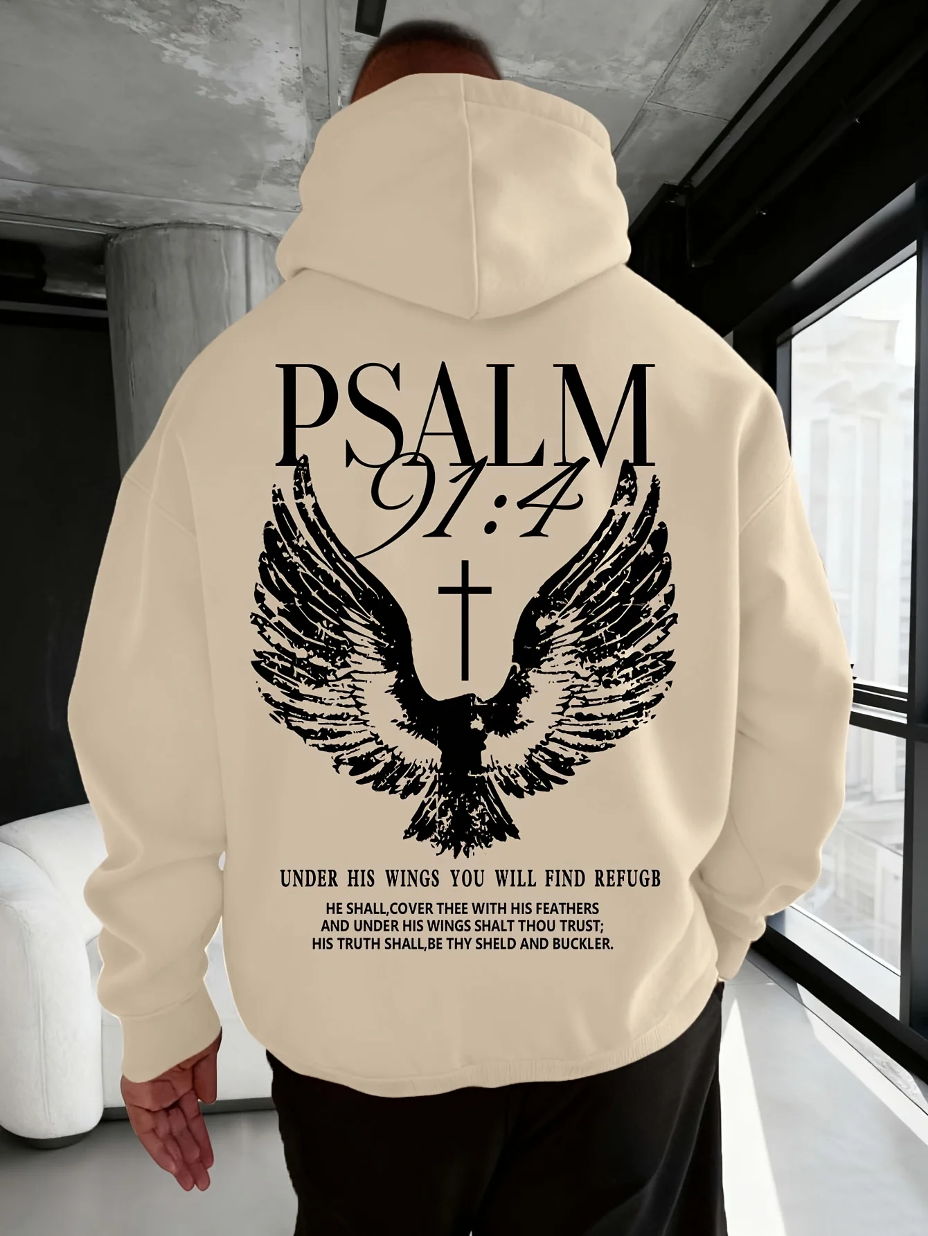 Christian Bible Verse Psalm 91:4 Print Men Women Hooded Sweatshirt Autumn Winter Outdoor Vacation Casual Loose Warm Sportswear thumbnail 3