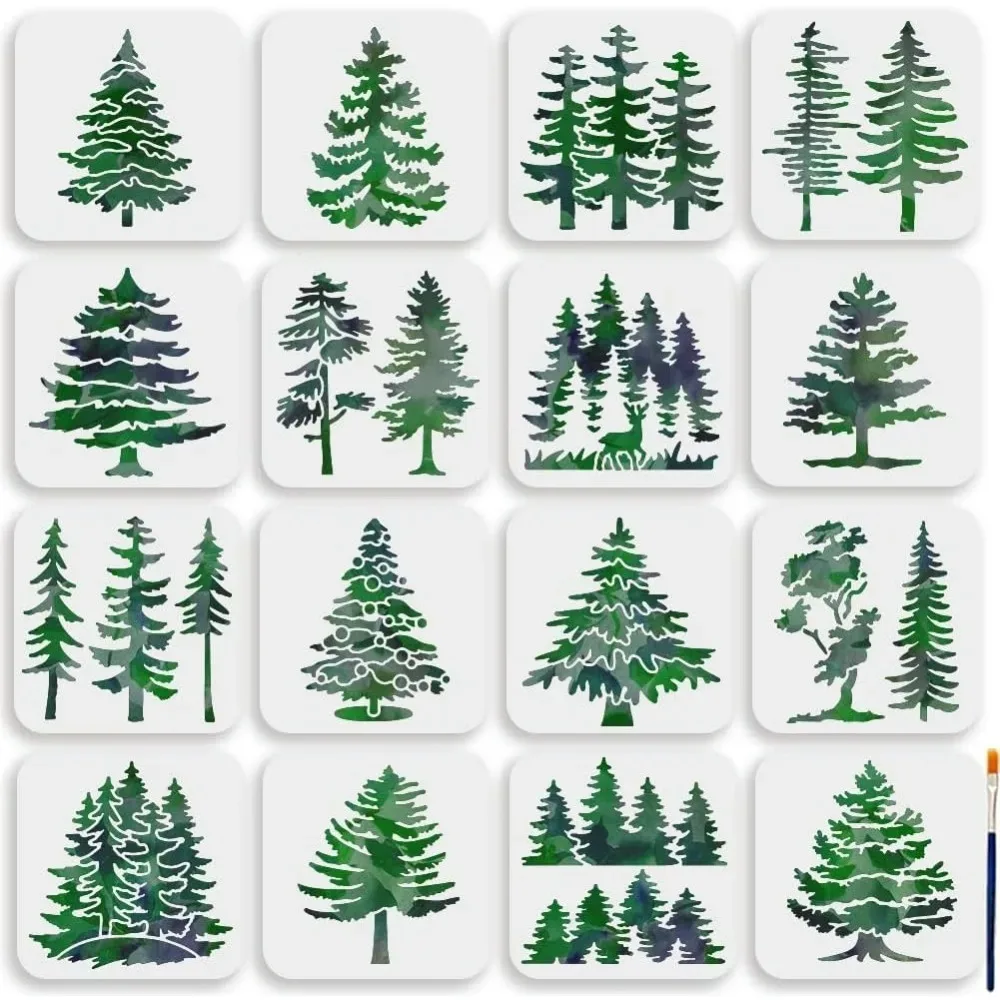 16pcs Pine Tree Stencil 6x6inch Forest Tall Fir Pine Template with Paint Brush Reusable Christmas Trees Stencils Wall Art Tree