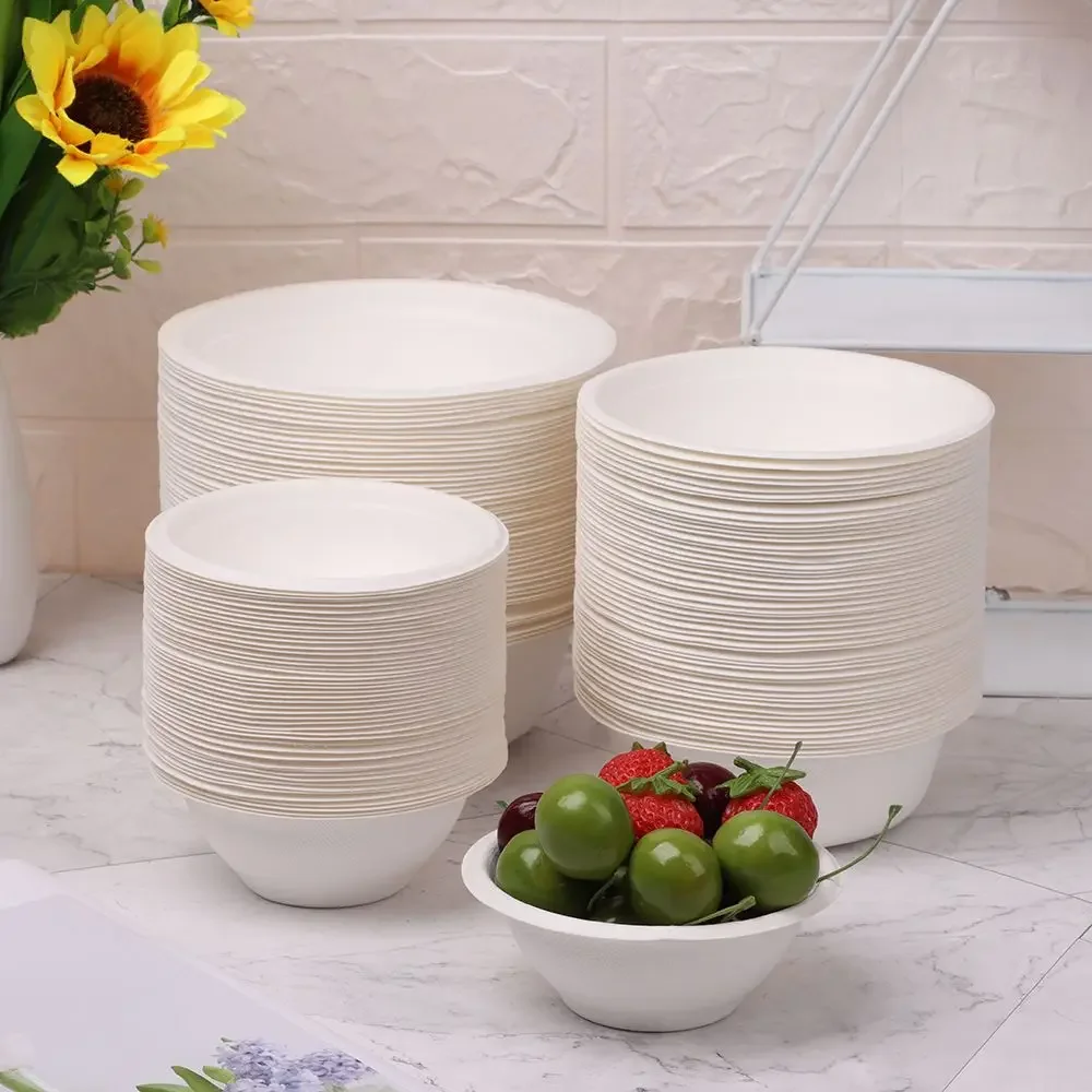 W 50PCS/Pack 220/350/500ml Disposable Dinnerware ECO-Friendly White Paper Bowl Disposable Tableware Outdoor Party Dining Supply
