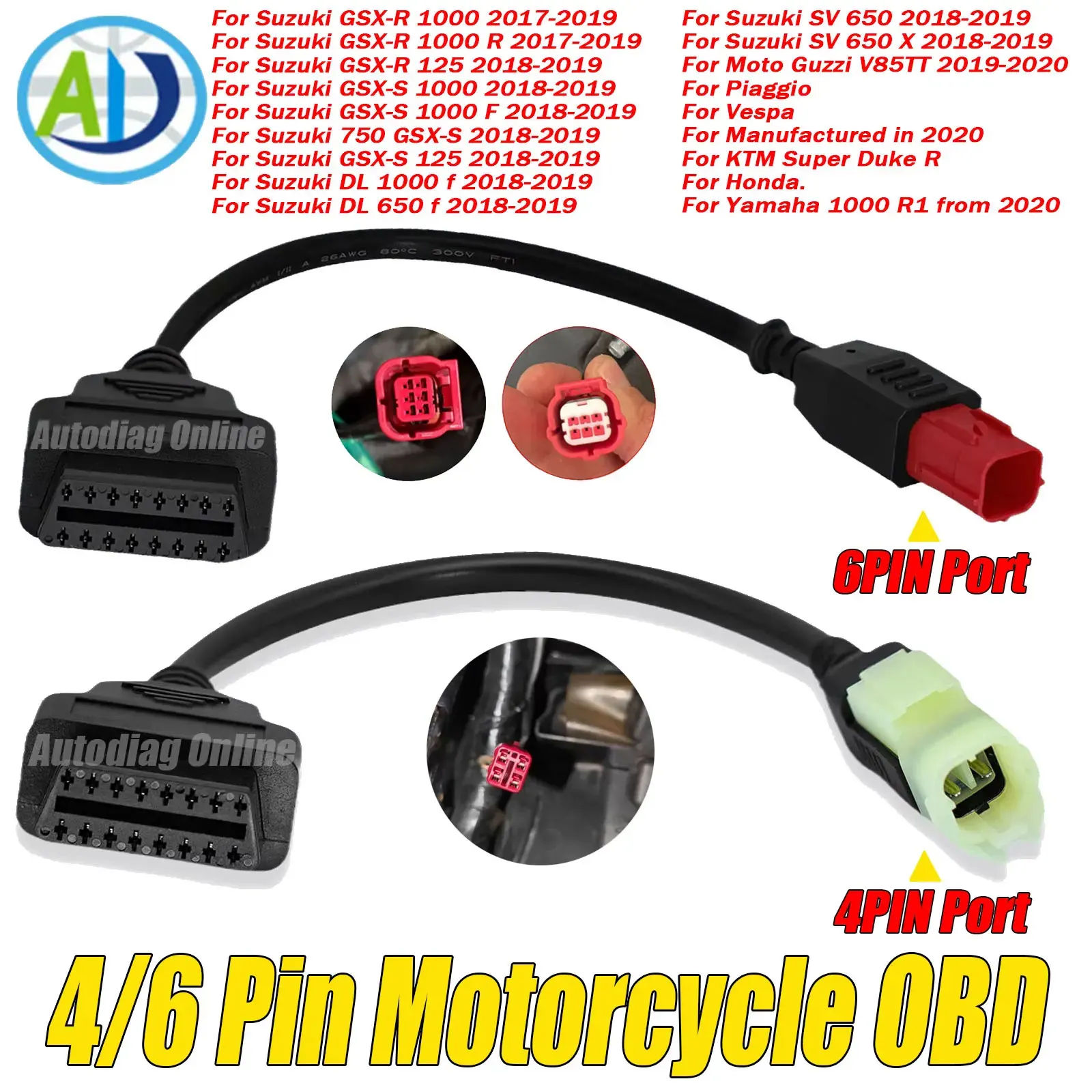 For HONDA 4/6 Pin Motorcycle OBD2 Connector Cable for Benelli/Suzuki/KTM/MOTO GUZZI/Vespa/Yamaha/Piaggio OBD2 Diagnostic Cable