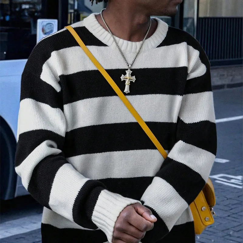 André Men's American Retro Striped Loose Long Sleeve round Neck Knitted Sweater Couple Matching Casual Polyester Fiber