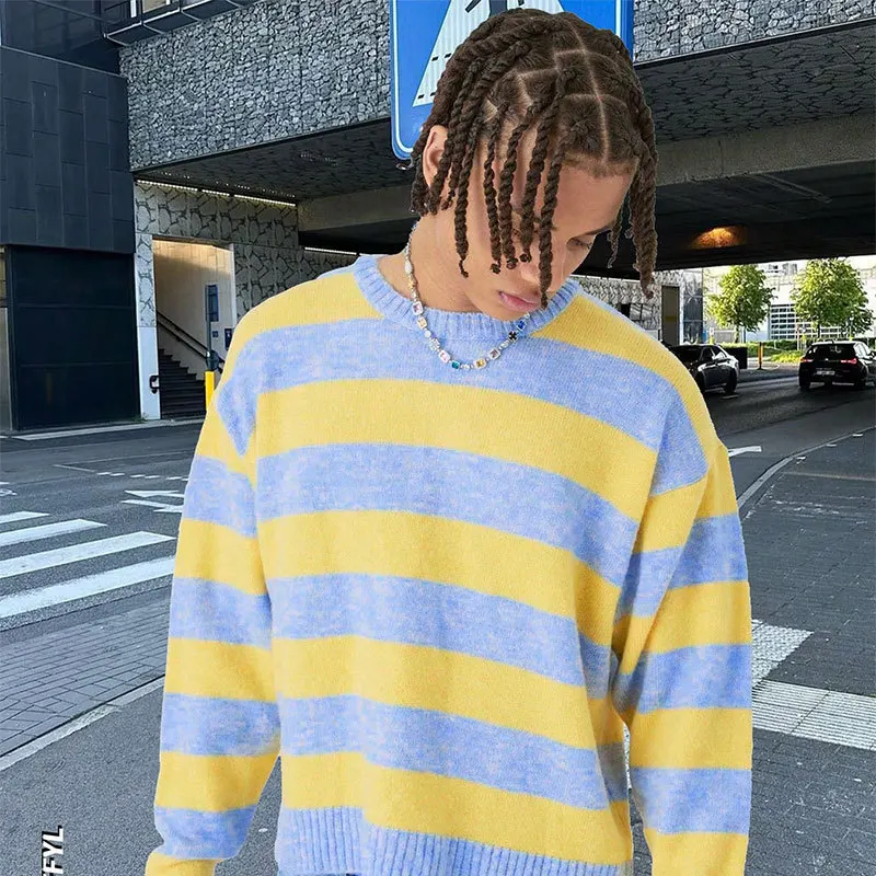 André Men's American Retro Striped Loose Long Sleeve round Neck Knitted Sweater Couple Matching Casual Polyester Fiber thumbnail 3