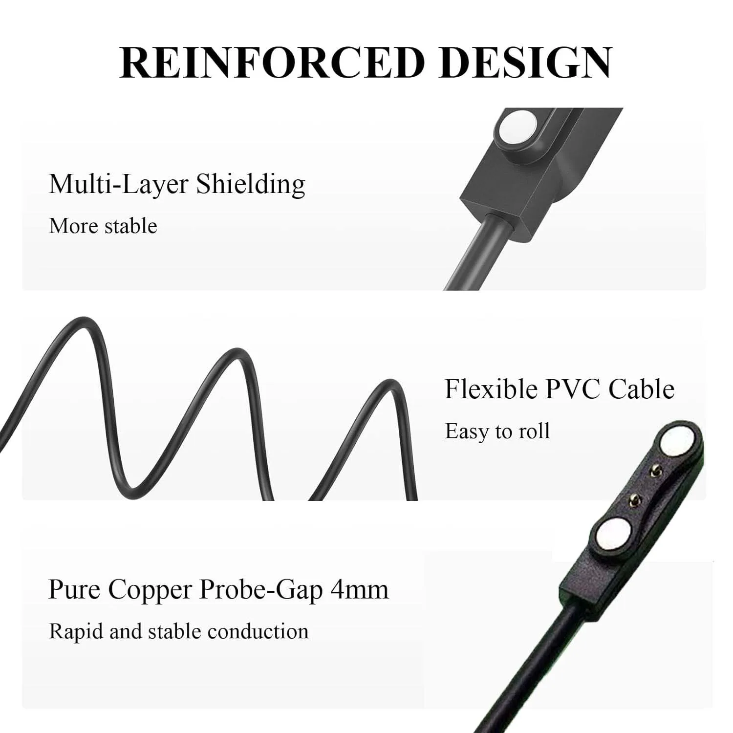 Magnetic Smartwatch Charger with 2-Pin Spacing,4.0mm,High-Speed USB Cable - Safe Replacement, Black,| Durable Cable, Smartwatch thumbnail 4