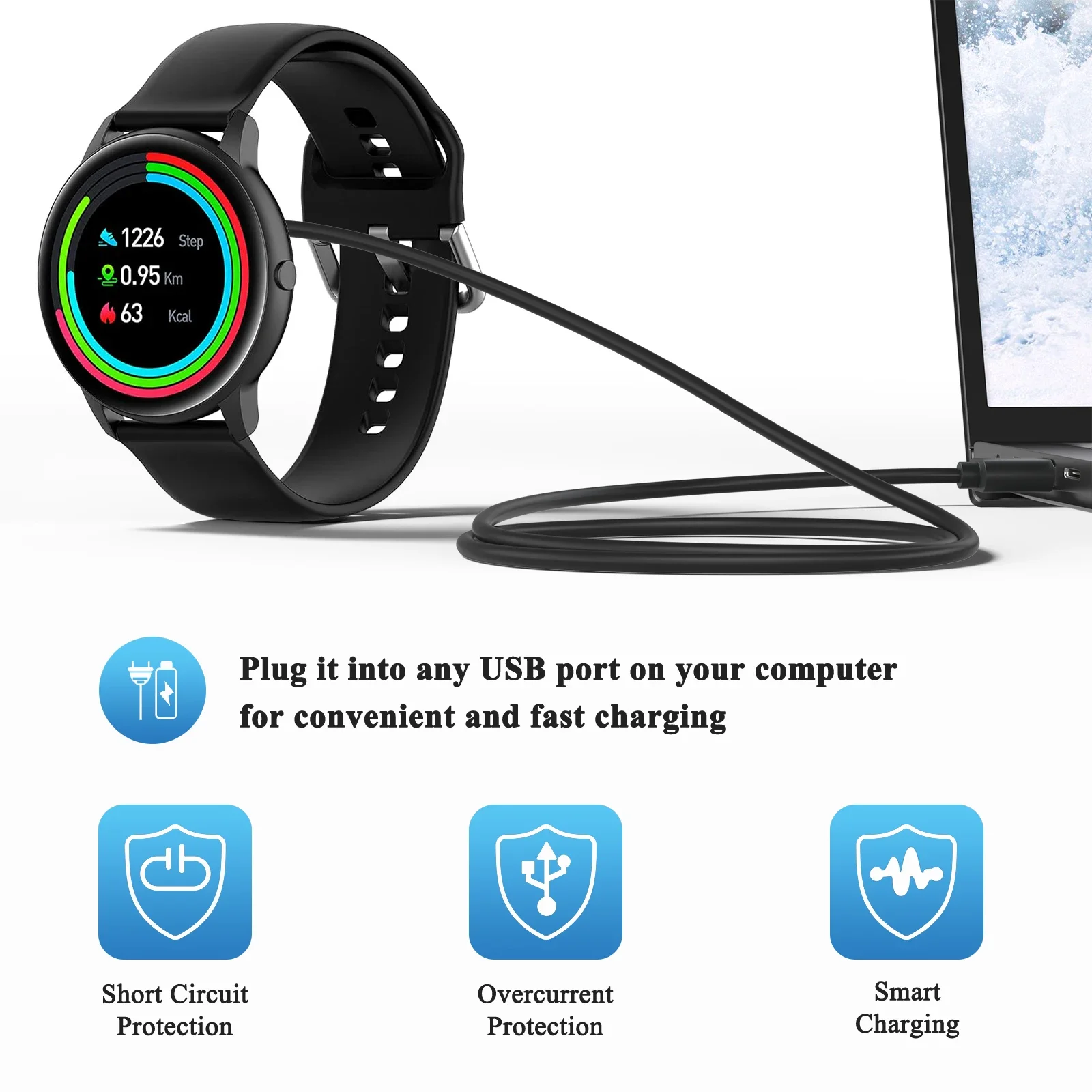 Magnetic Smartwatch Charger with 2-Pin Spacing,4.0mm,High-Speed USB Cable - Safe Replacement, Black,| Durable Cable, Smartwatch thumbnail 3
