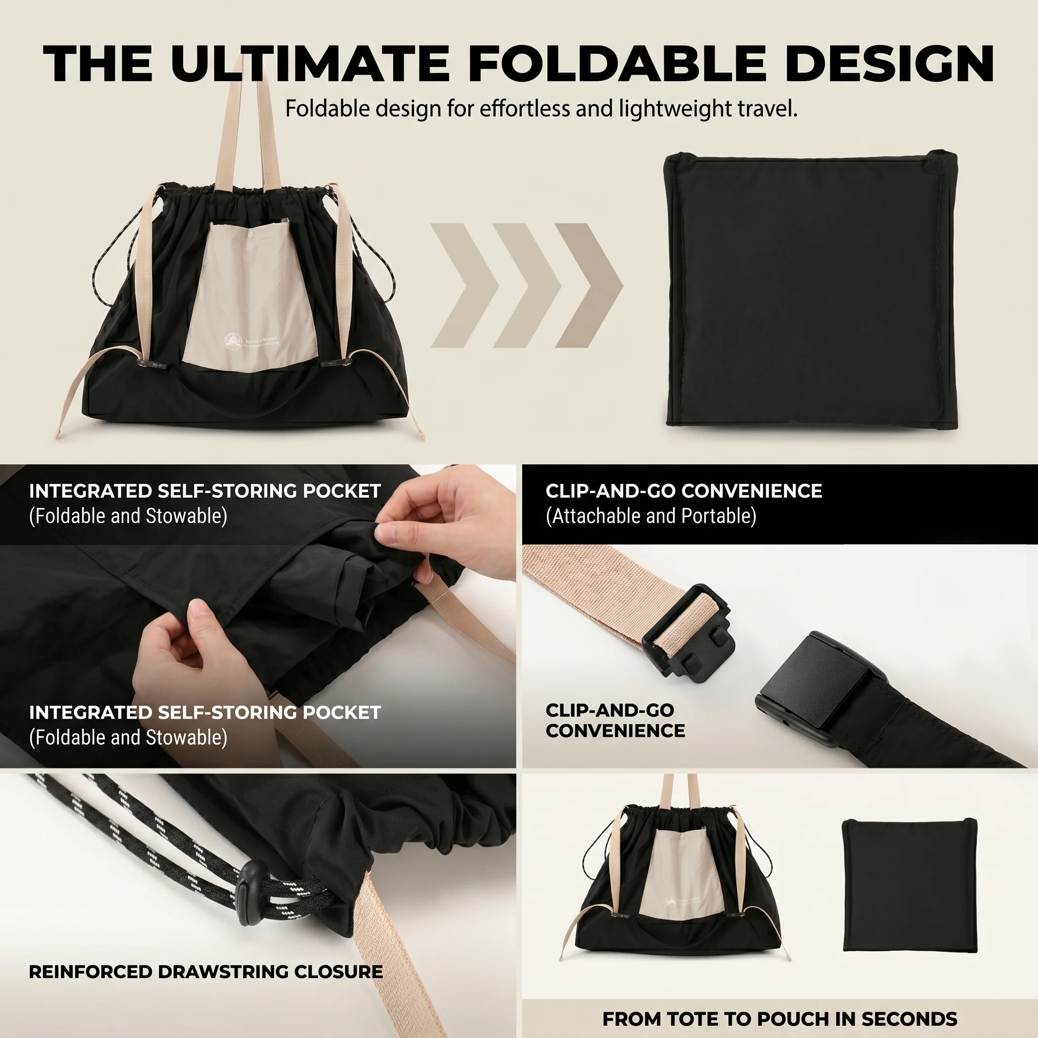 Foldable Drawstring Tote Bag Lightweight Large Capacity Shoulder Bag Waterproof Gym Yoga Sports Travel Handbag for Men Women thumbnail 4