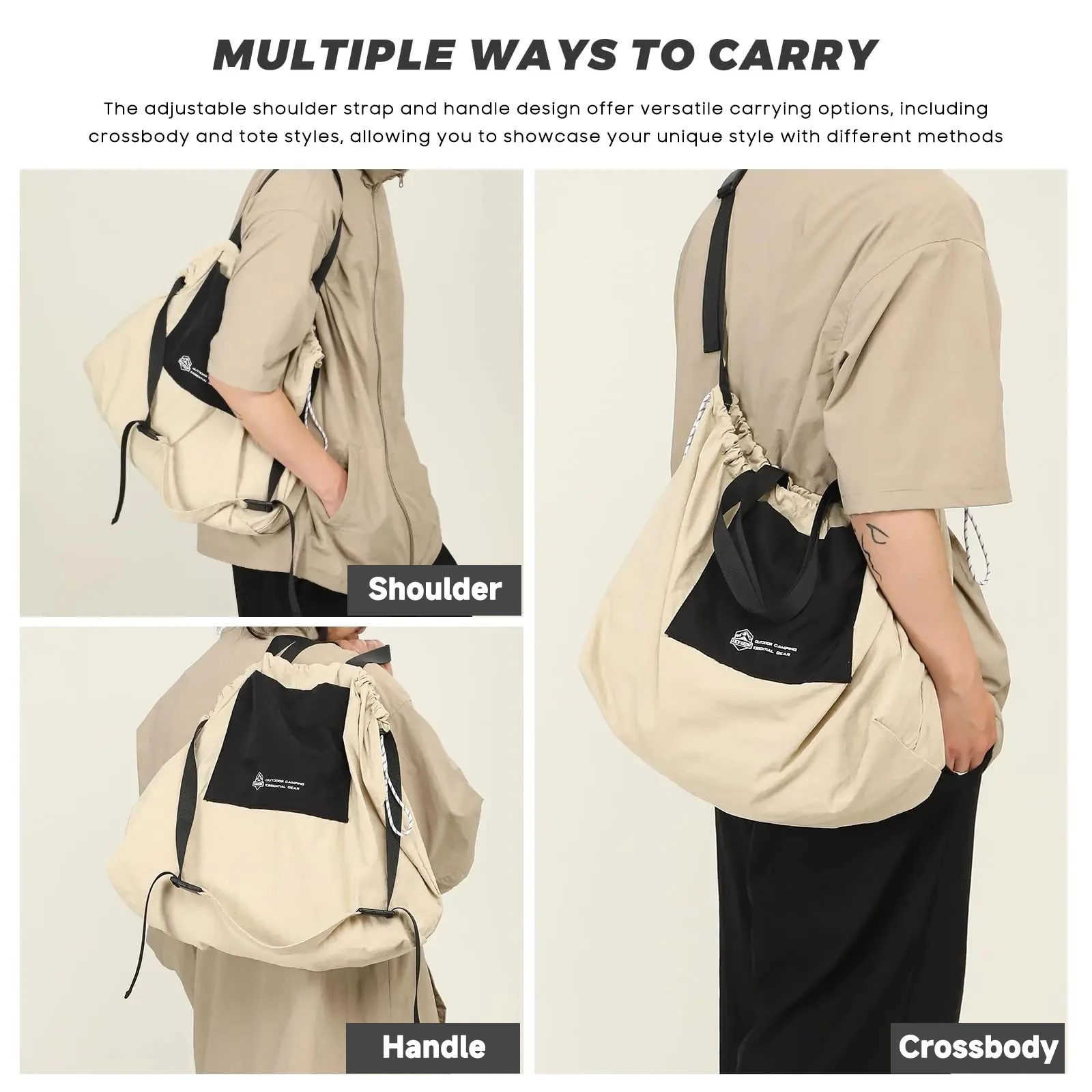 Foldable Drawstring Tote Bag Lightweight Large Capacity Shoulder Bag Waterproof Gym Yoga Sports Travel Handbag for Men Women thumbnail 3