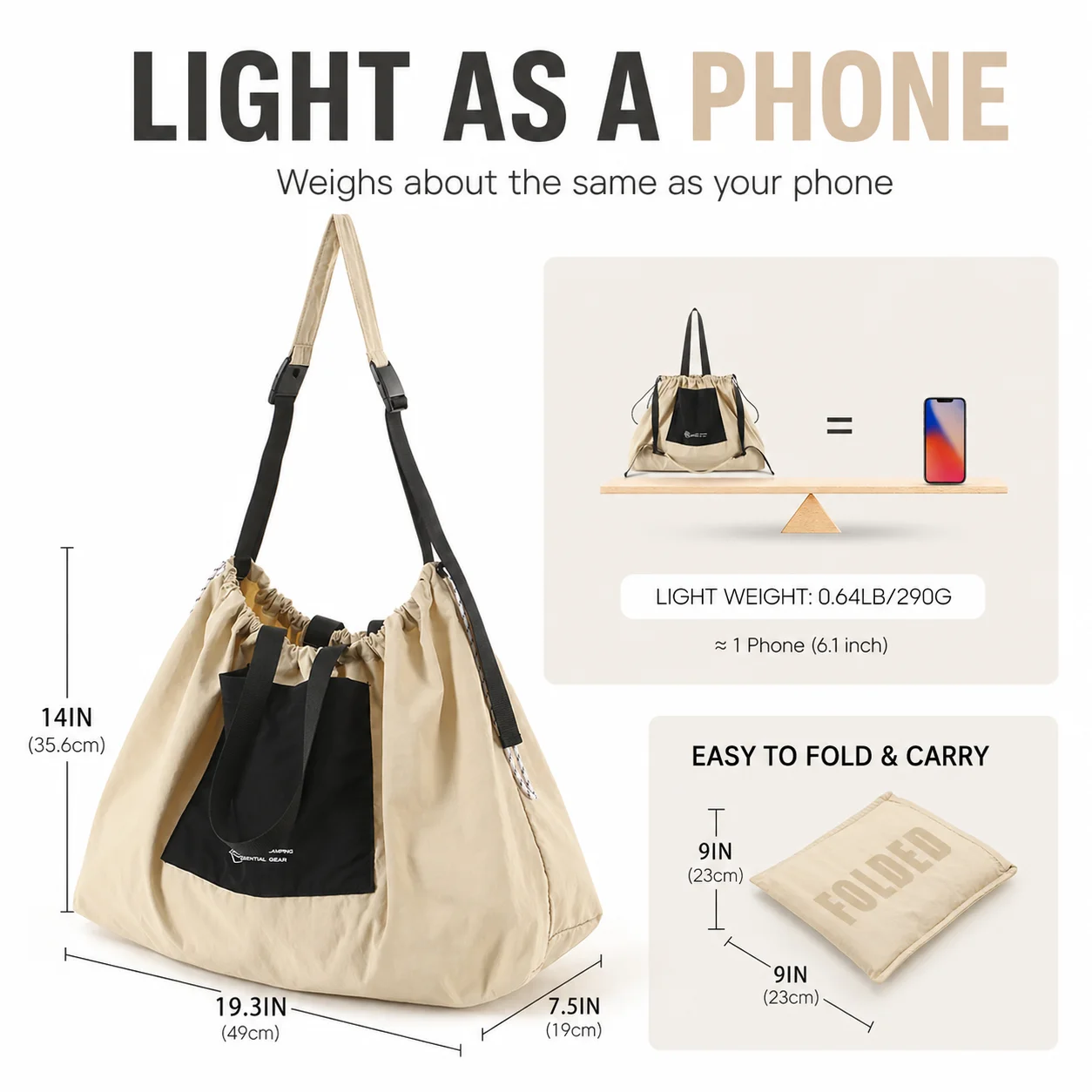 Foldable Drawstring Tote Bag Lightweight Large Capacity Shoulder Bag Waterproof Gym Yoga Sports Travel Handbag for Men Women thumbnail 2