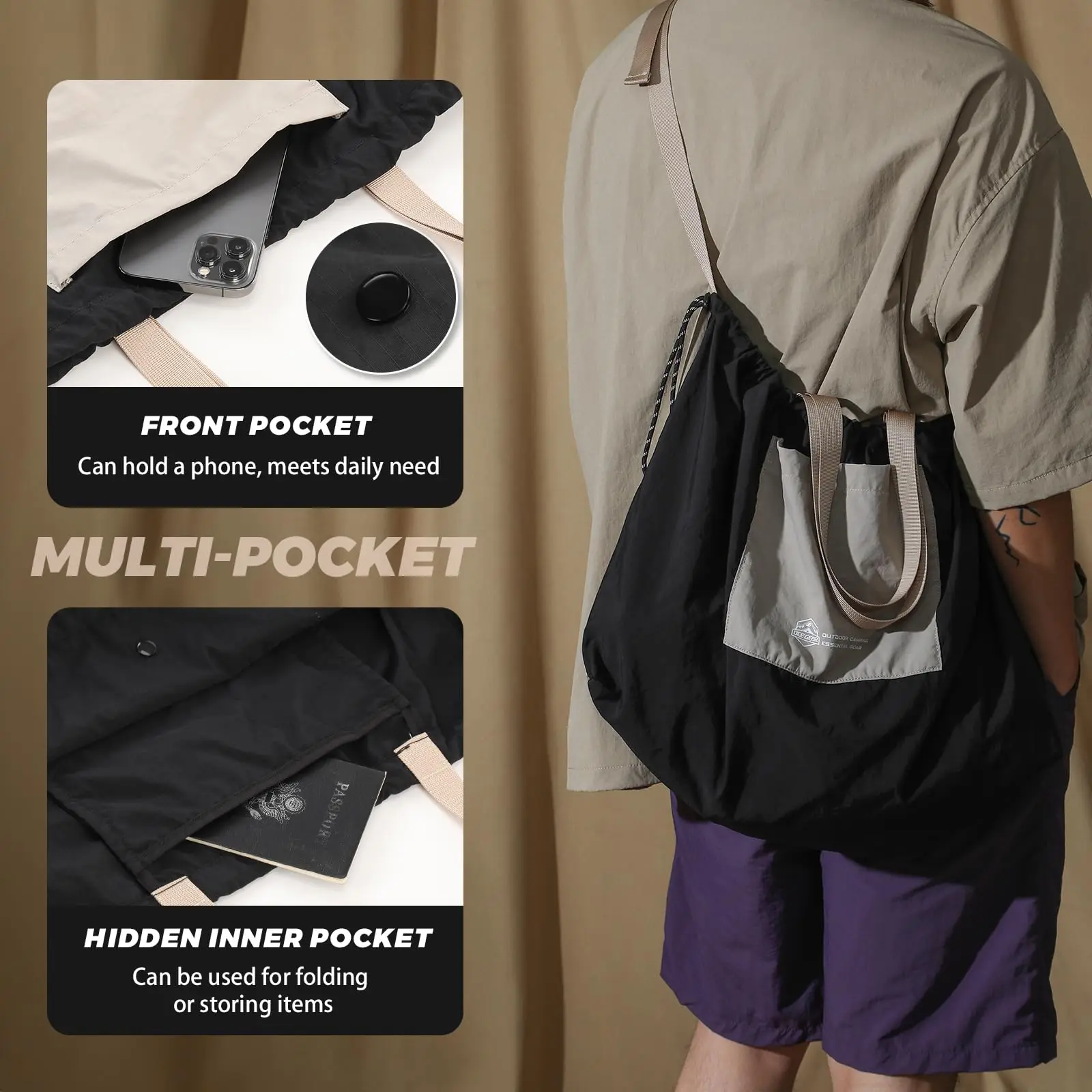 Foldable Drawstring Tote Bag Lightweight Large Capacity Shoulder Bag Waterproof Gym Yoga Sports Travel Handbag for Men Women thumbnail 5
