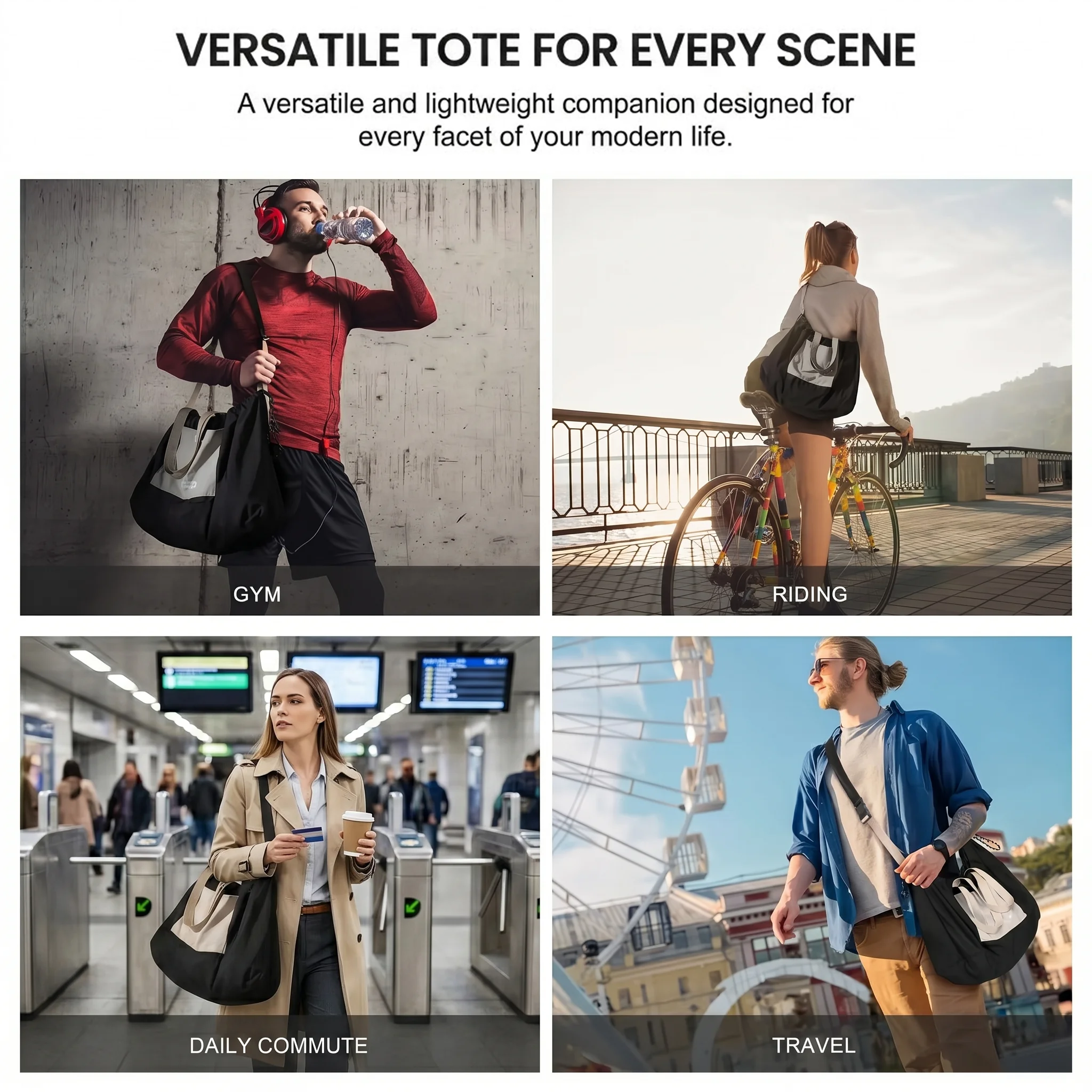Foldable Drawstring Tote Bag Lightweight Large Capacity Shoulder Bag Waterproof Gym Yoga Sports Travel Handbag for Men Women thumbnail 6